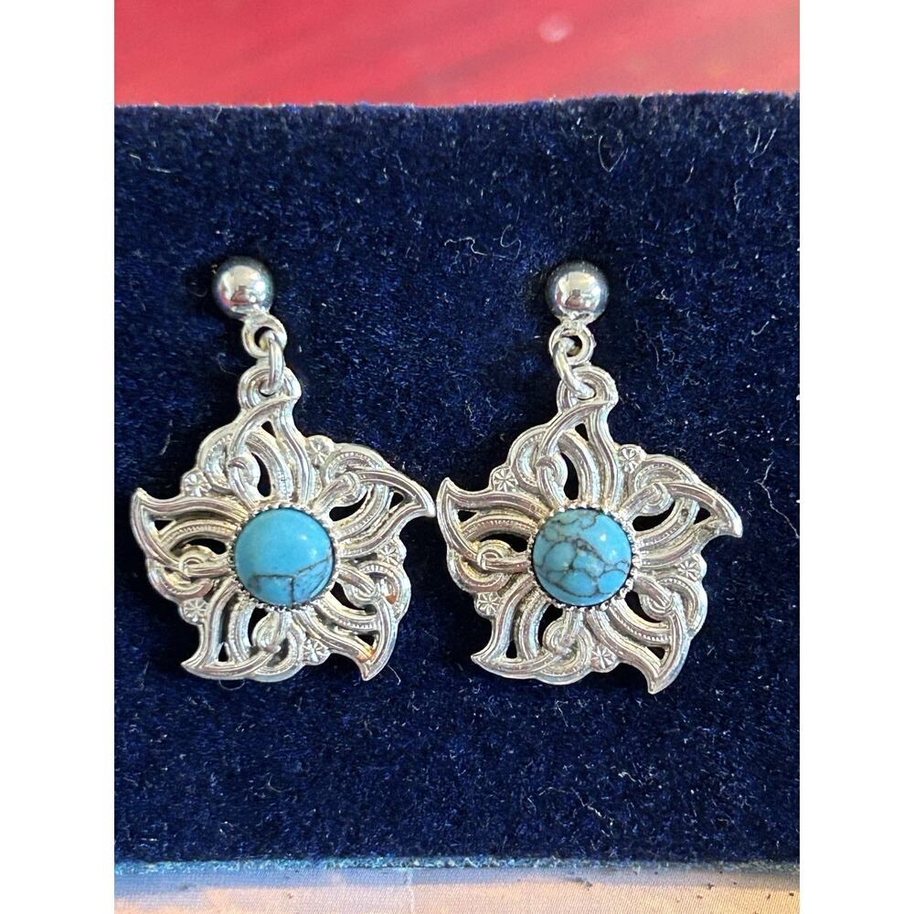 Montana Silversmiths Dangle Post Earrings With A Floral Design & Turquoise Stone